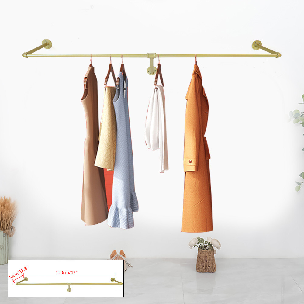 Industrial Gold Clothes Rack Pipe Clothes Hanging Pole Shelves Wall Mounted