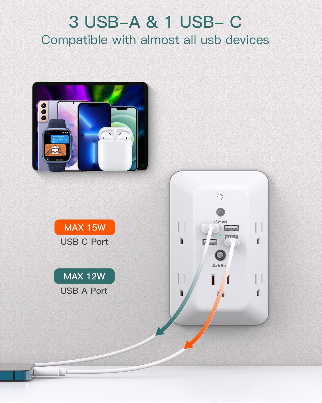 Surge Protector, Outlet Extender with Night Light, 1C3A-Standard, White