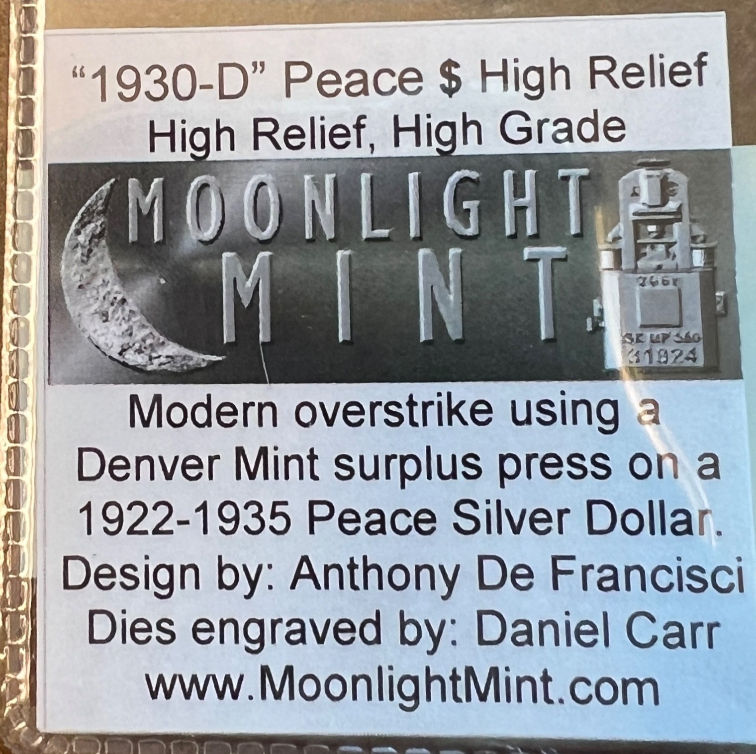 1930-D Peace Dollar Hi-Relief High Grade Overstrike Daniel Carr /1