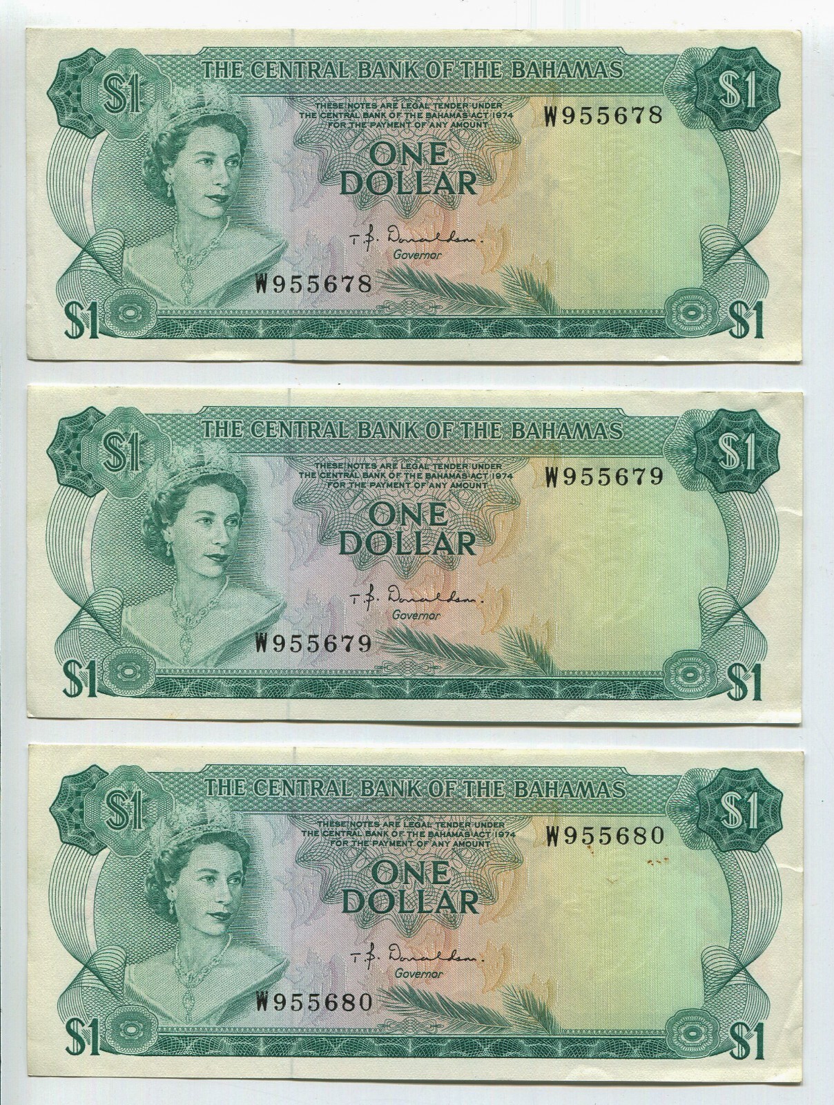 Lot of 3 1974 Bahamas Central Bank of the Bahamas $1 Dollar Banknotes UNC WC208