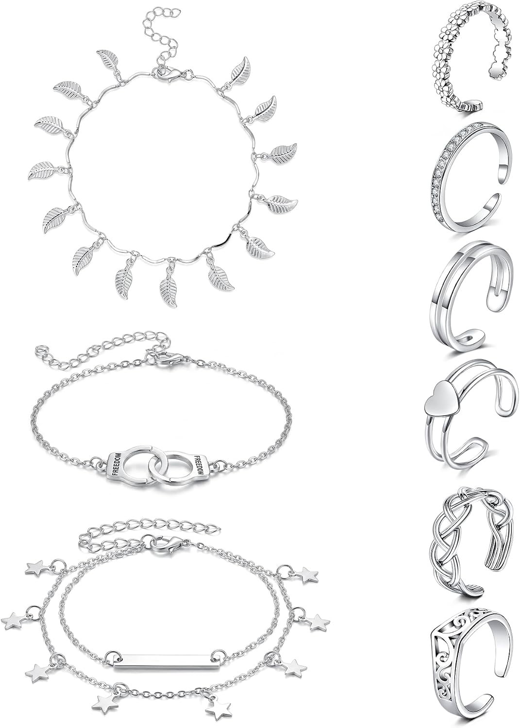 Floral Rhinestone Toe Ring and Anklet Set for Women