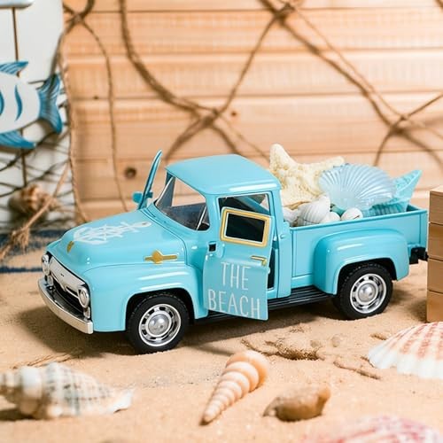 Summer Beach Decor 5 Inch Vintage Truck with Mini Seashells and Starfish Blue