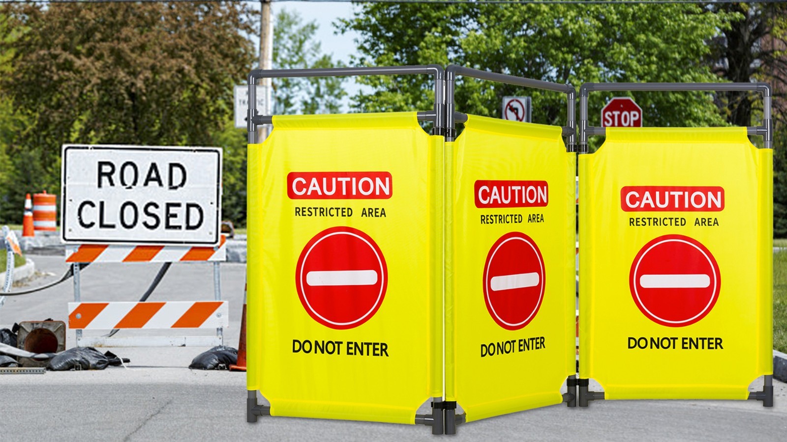 3-Panel PVC Safety Barricade 5.8Ft Foldable Crowd Control Do Not Enter Yellow