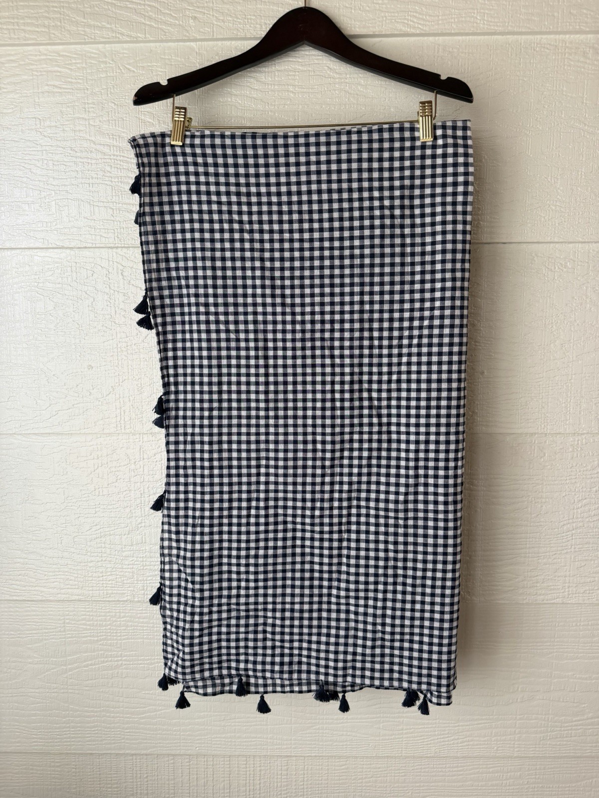 Navy White Gingham Scarf Sarong Wrap Tassel Trim 61x34