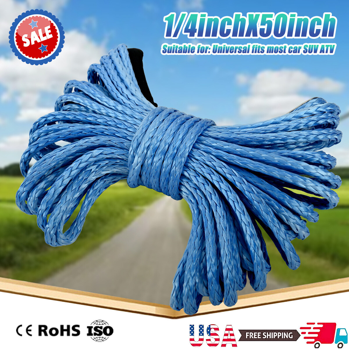 1/4"x50' 10000 lbs Synthetic Winch Rope Line Recovery Safety Cable 4WD ATV UTV B