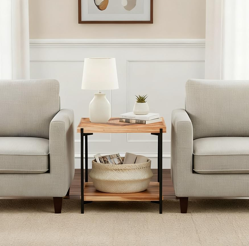 Stonecreek End Table 23 Inch, Solid Fir Wood Side Table with Metal Frame, 2-Tier
