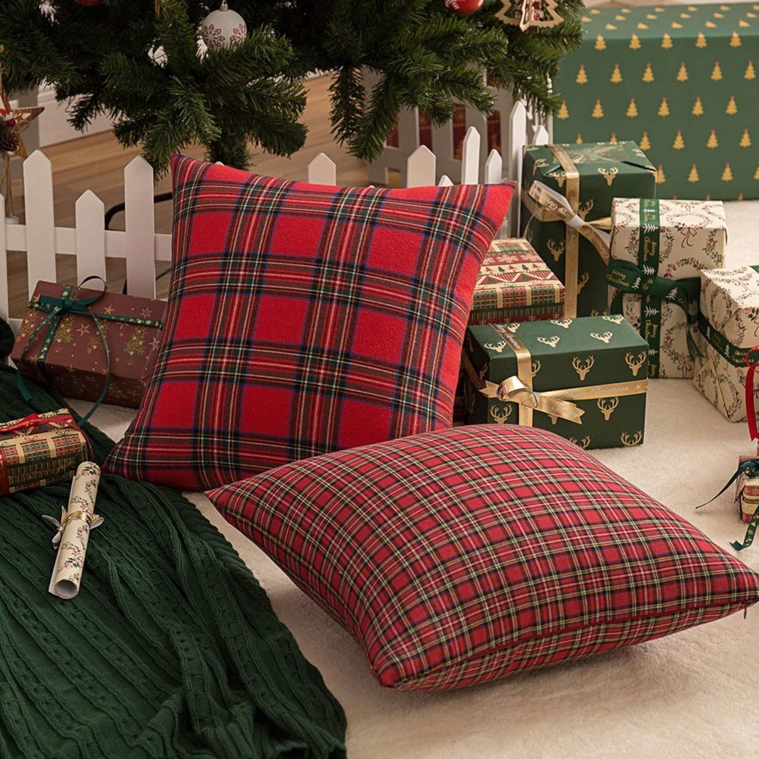 Christmas Plaid Pillow Covers Set of 2 20x20 Inches Red Green Tartan Decor