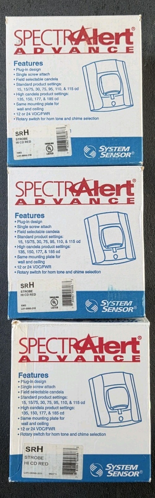 SYSTEM SENSOR SRH RED WALL MOUNT HI CD STROBE - "FIRE" - NEW - 3 AVAIL.