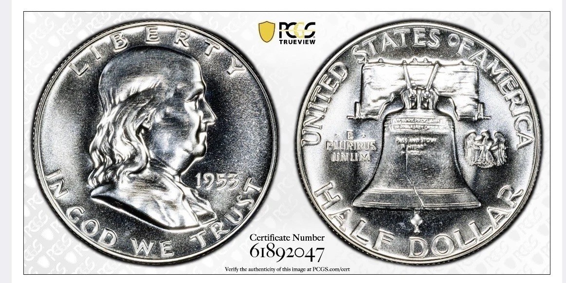 1953 PROOF FRANKLIN HALF DOLLAR, 50C, PCGS PR64, GOLD SHIELD COIN.