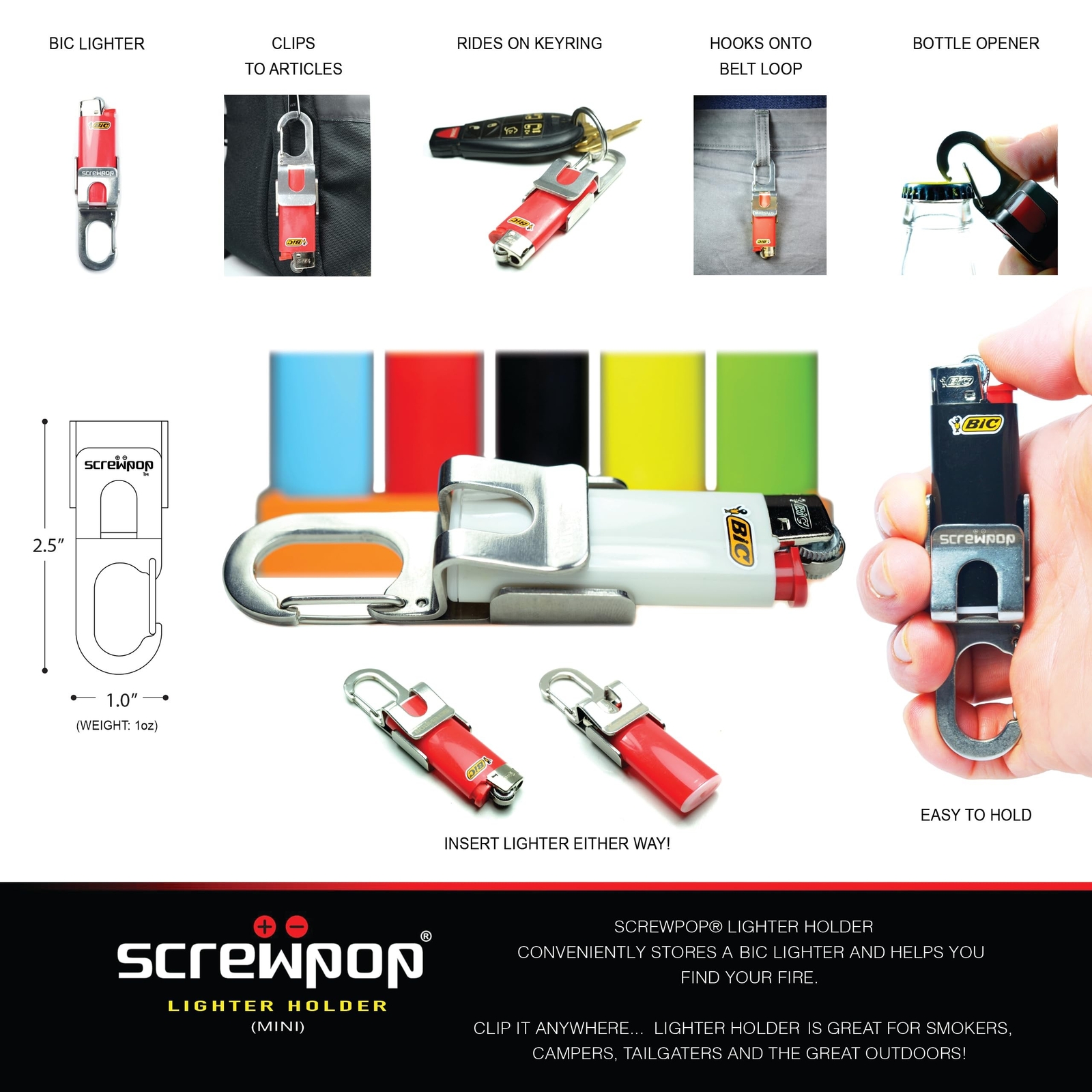 Bic Standard Full-Size Lighter Holder Keychain Multi Tool with Carabiner Clip...