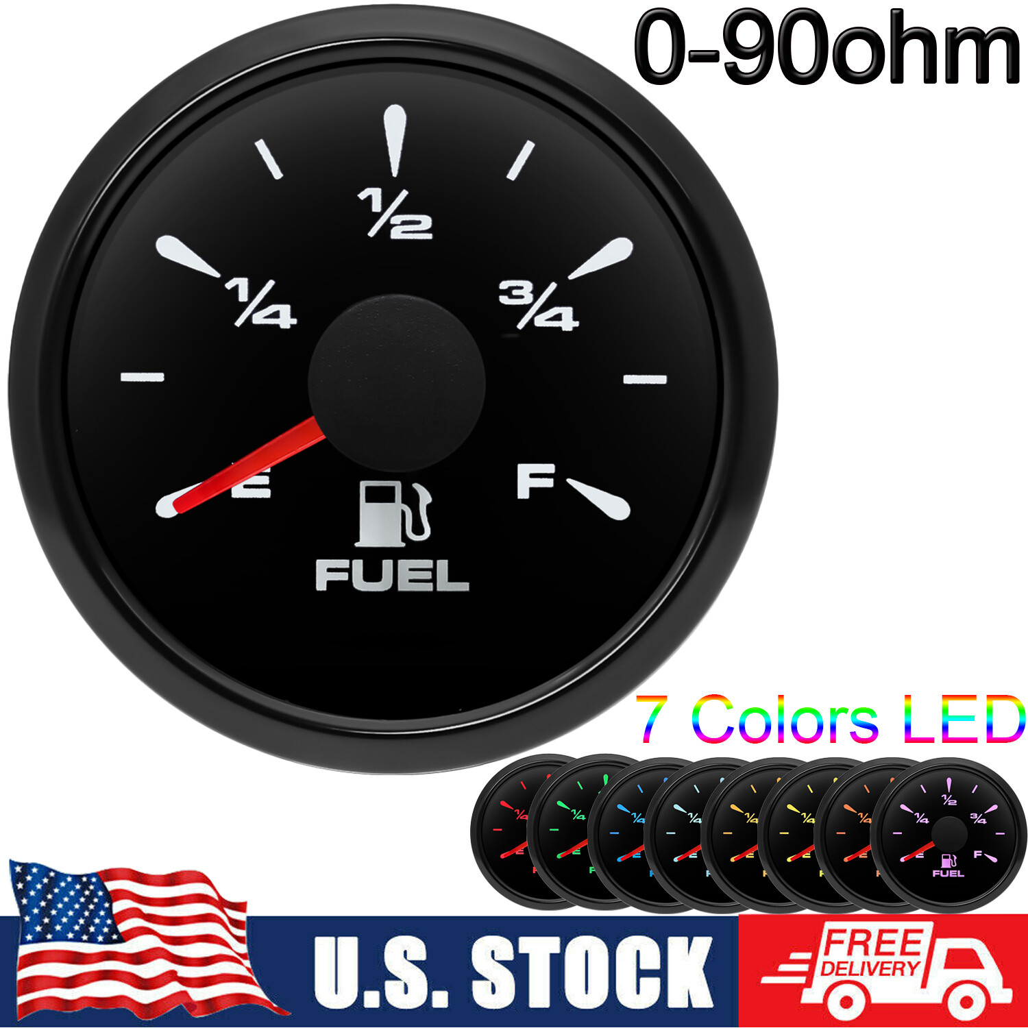 2" 52mm Fuel Level Gauge 7 Colors LED 0-90ohms for Boat Car Truck US STOCK