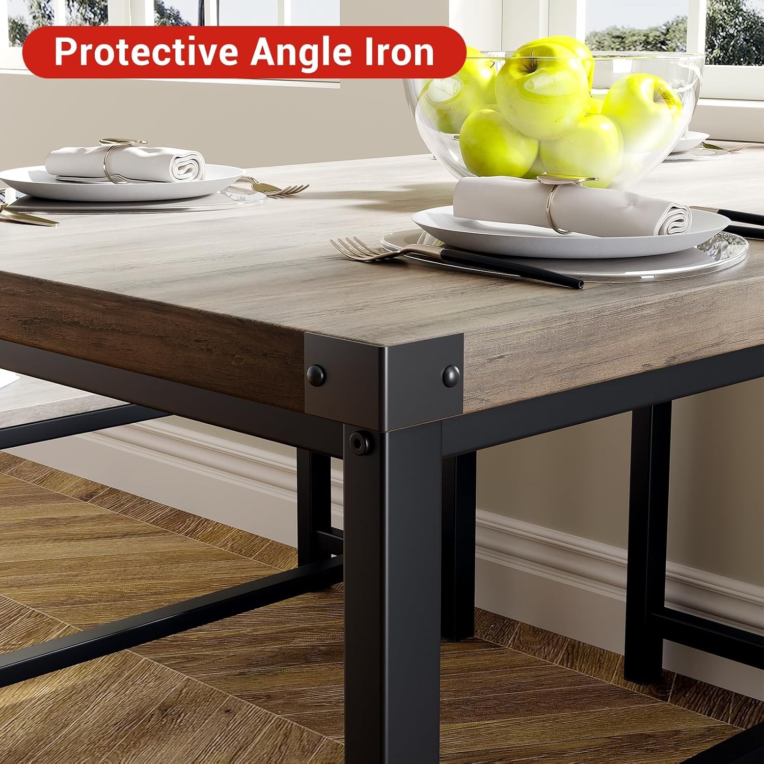 Industrial Dining Table Bench Set, MDF Metal 3 Piece for Kitchen Small Space