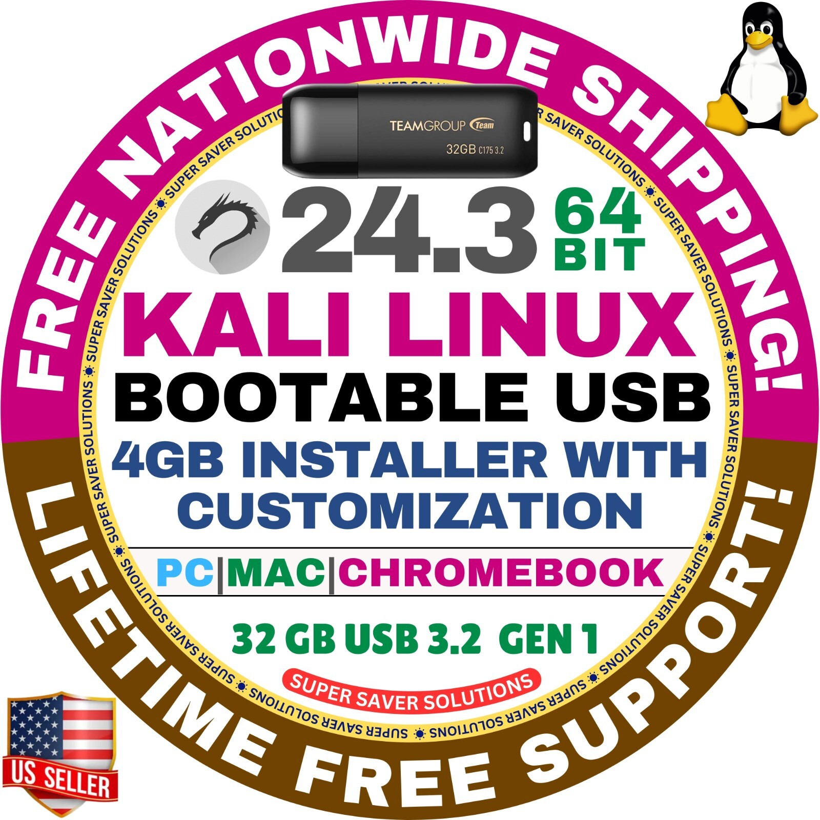 KALI LINUX OS 24.3 LIVE / FULL INSTALLER / DVD, USB / 64-BIT, AMD64 / MAC PC ALL