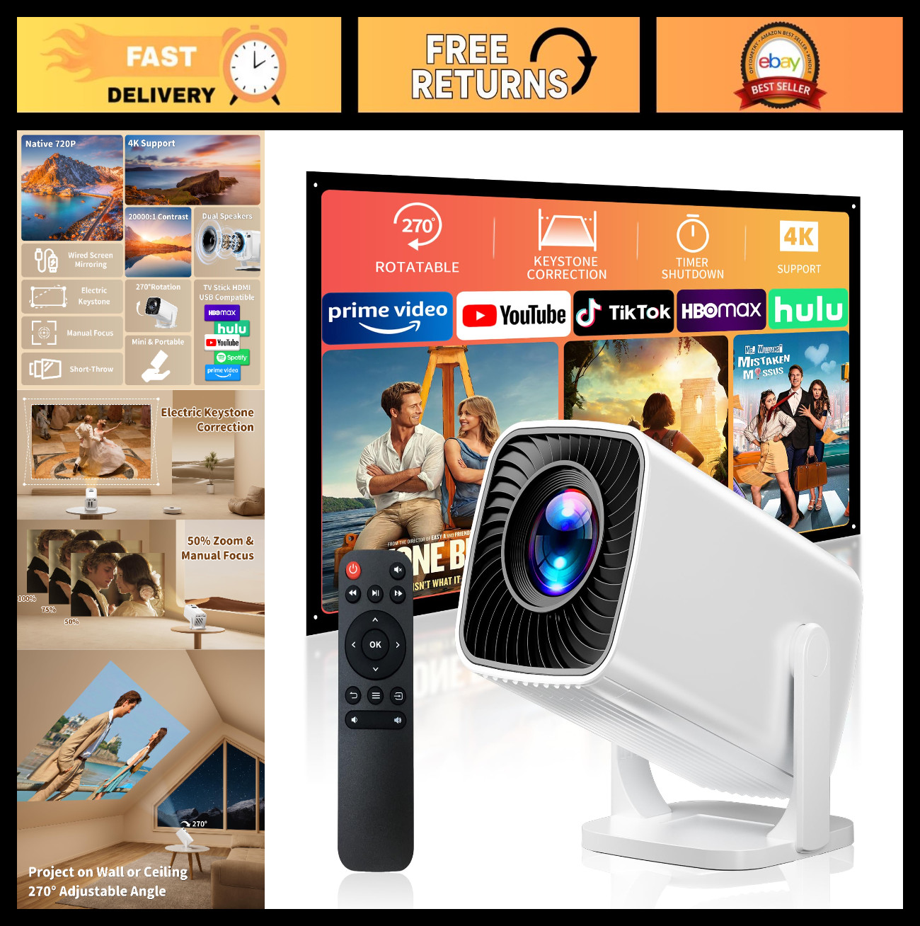 4K Mini Projector - Portable, Electric Focus, Keystone, Rotatable Stand, Short T