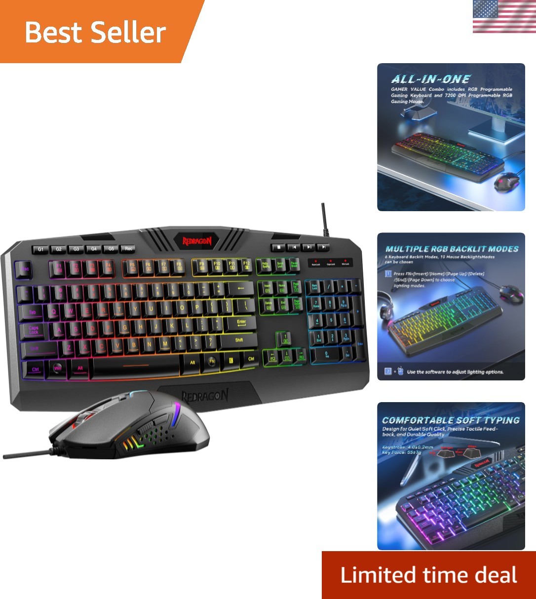 S101-3 PRO Gaming Keyboard and Mouse, RGB Backlit Programmable Keyboard Mouse...