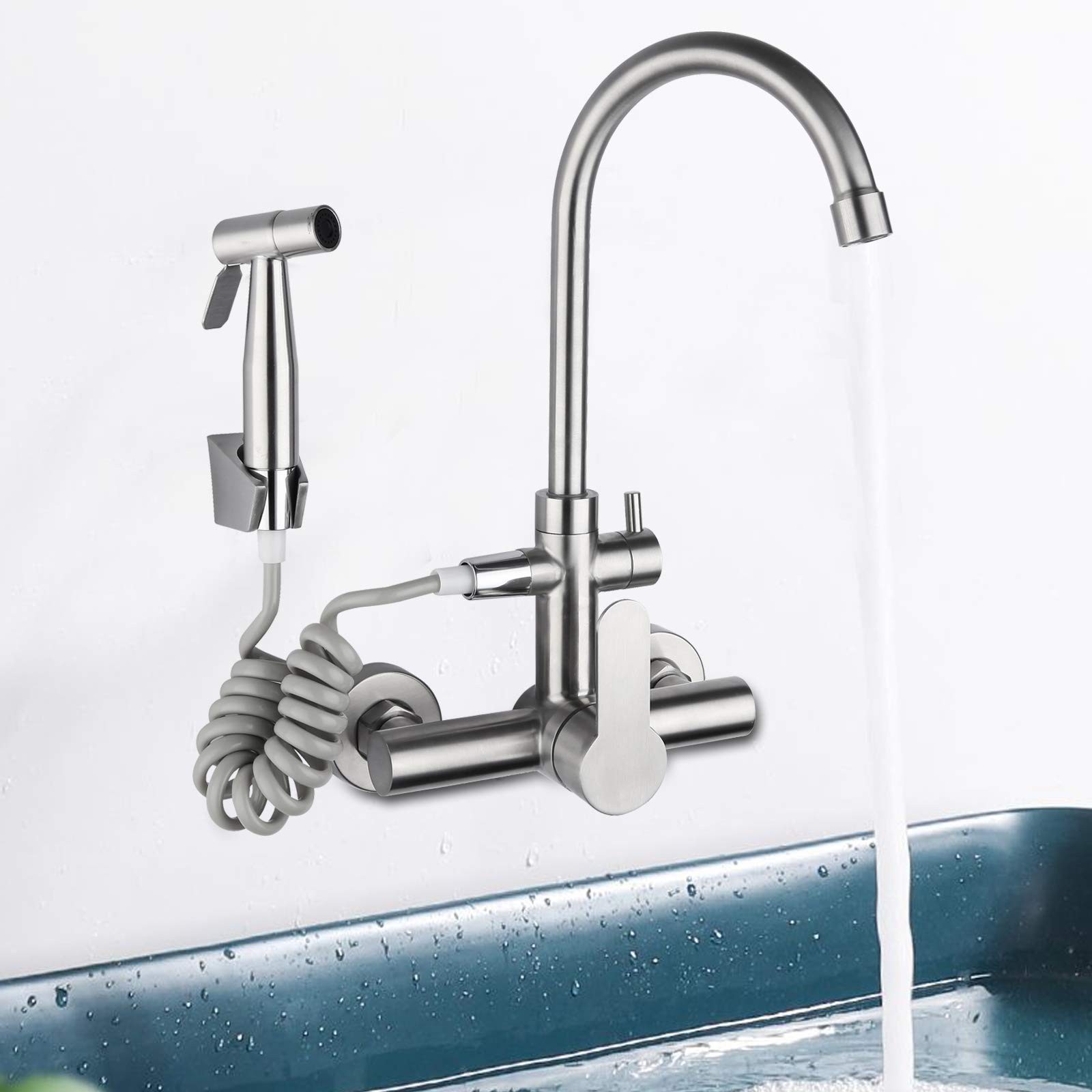 Stainless Steel Commercial Sink Faucet Wall Mount 360°Rotation Kitchen Faucet US