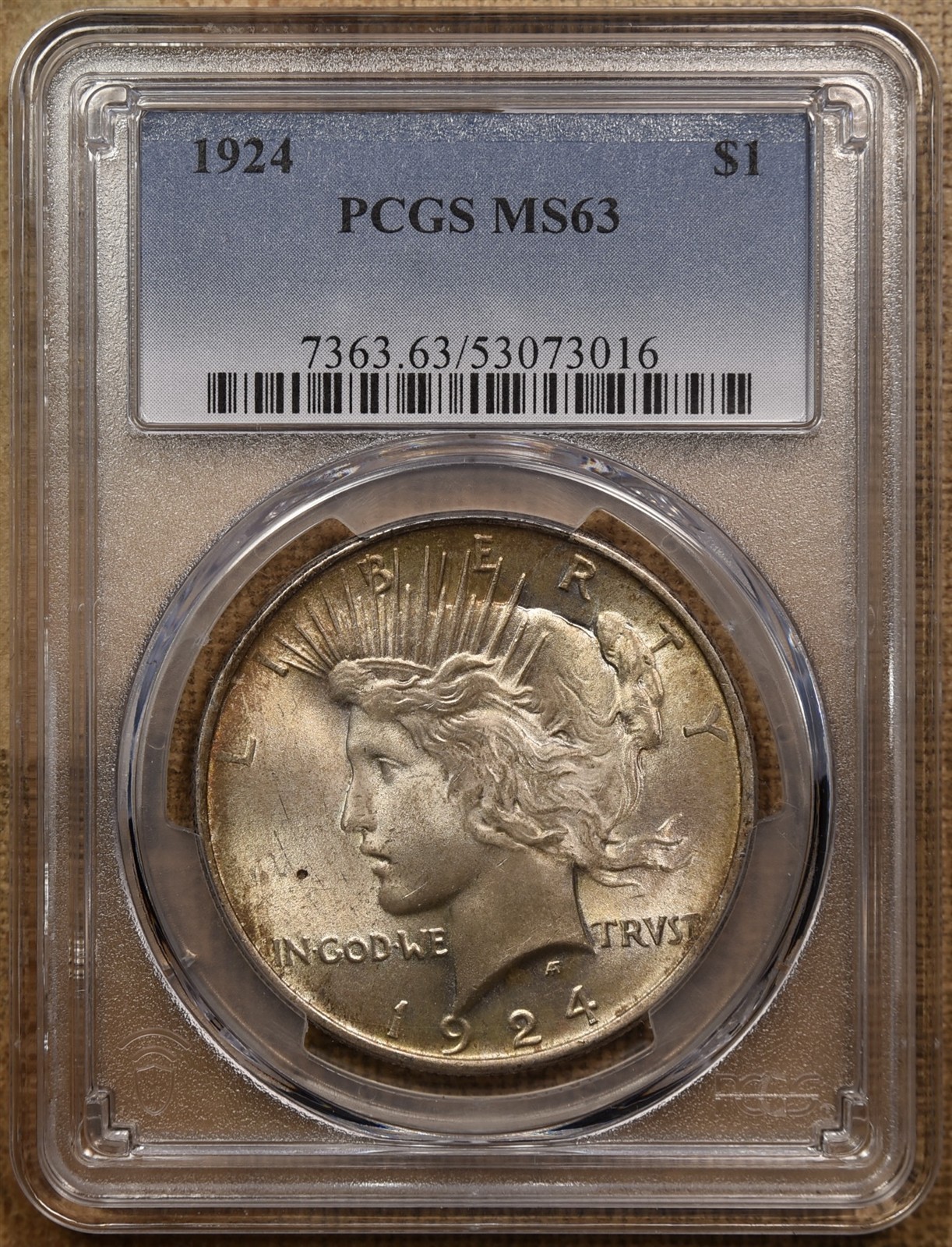 1924 Peace dollar, PCGS MS63, lamination error, antique toning! DKRC