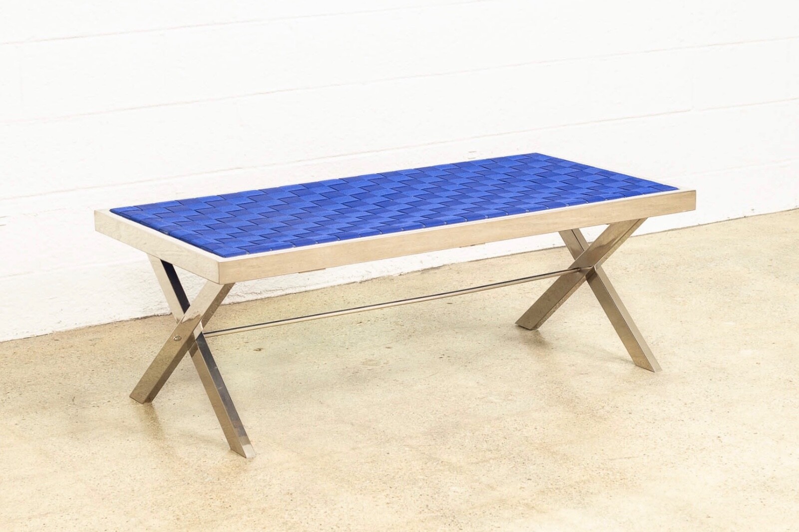 Mid Century Modern Milo Baughman Style Chrome and Blue Strap Bench 1980s