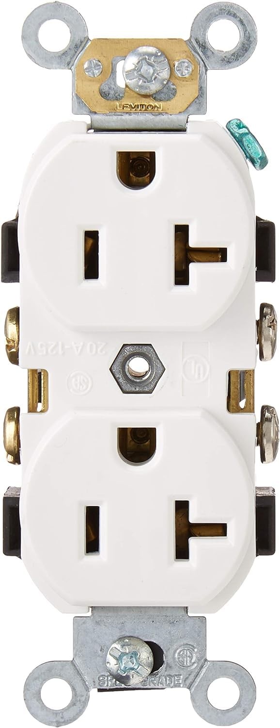 Duplex Receptacle, Commercial Spec Grade, Smooth Face, 20 Amp, 125 Volt, Side...