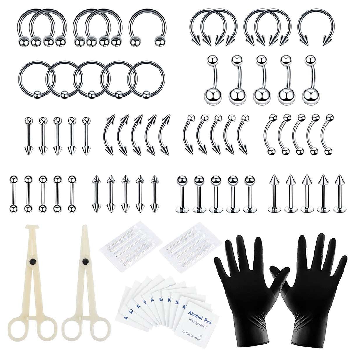 84Pcs Body Piercing Tool Kit Ear Lip Tongue Nose Navel Nipple Rings Professional