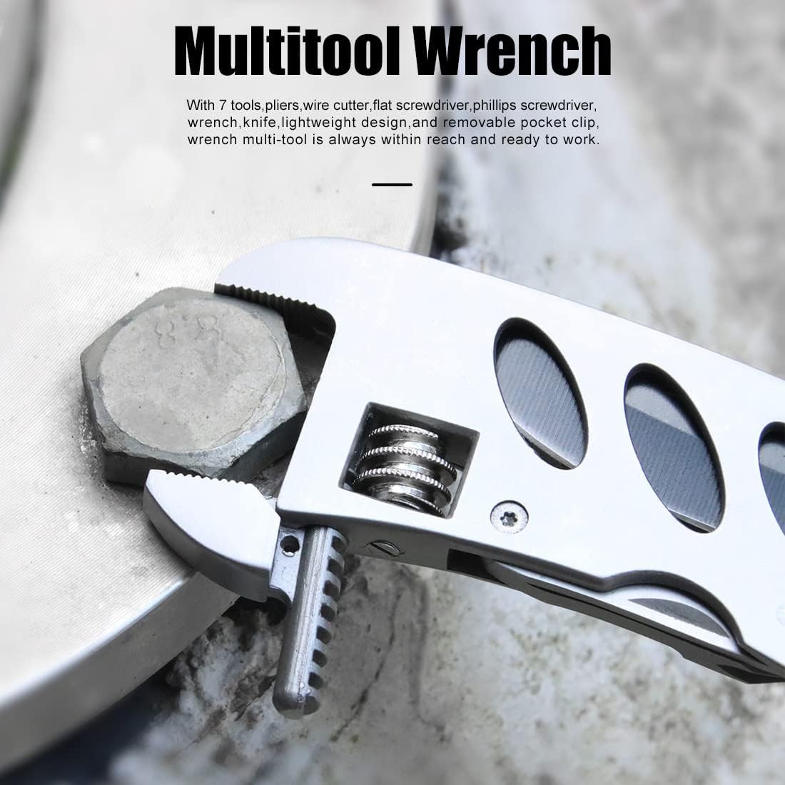 Multitool Wrench With 7 Tools/Pliers/Wire Cutter/Flat Silver