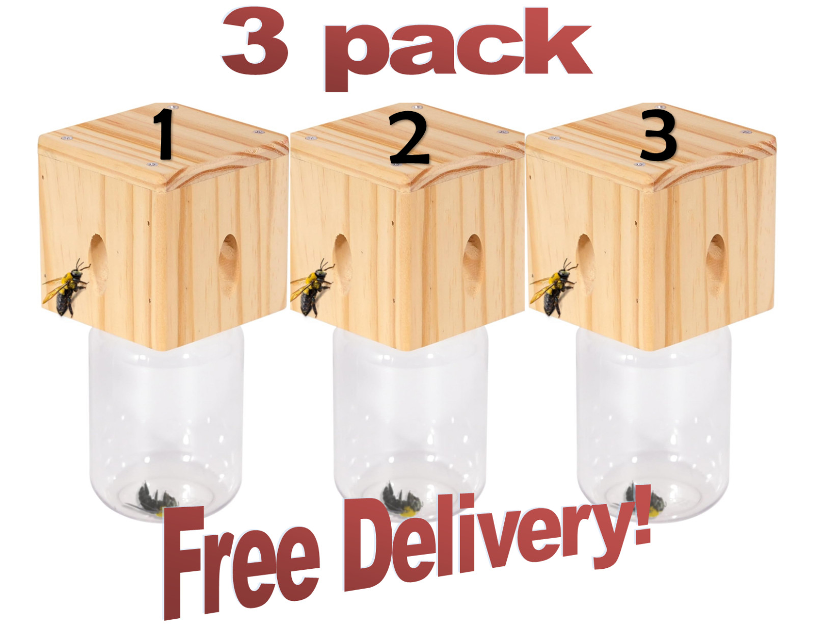 Handmade Hard Wood Cube Style, Carpenter Bee Traps (3 pack) They Really Work!