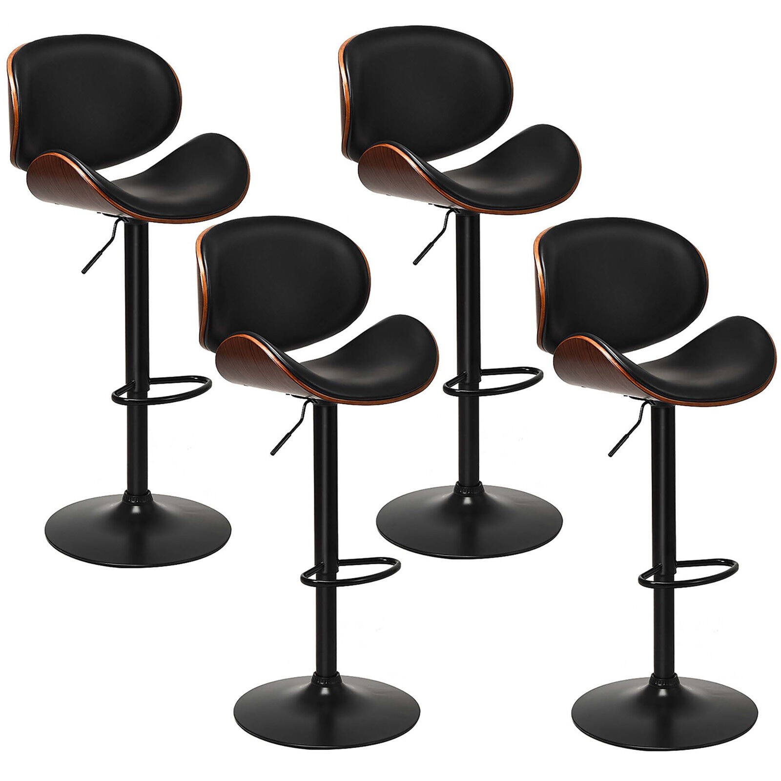 Set of 4 Bentwood Barstool Mid-Century Adjustable Swivel PU Leather Curved Back