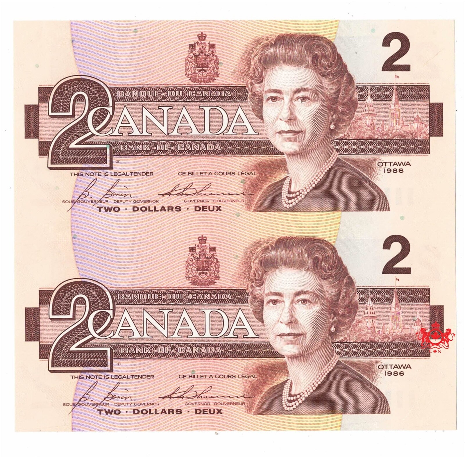 1986 Bank Of Canada 2$ Thiessen/Crow Uncut Pair - Uncirculated - #3