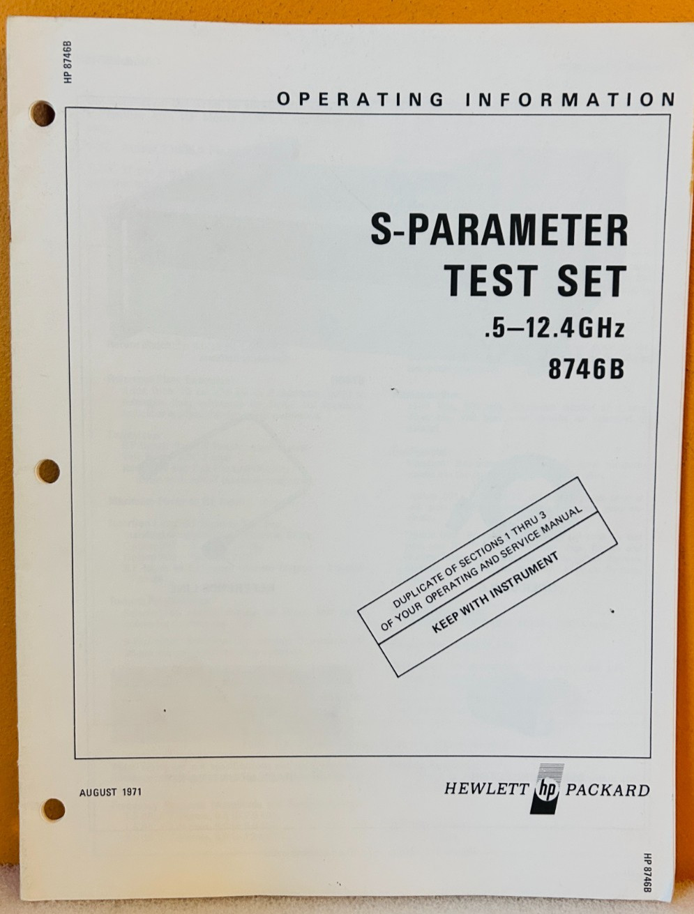 HP 08746-90009 1971 Model 8746B .5-12.4 GHz S-Parameter Test Set Info Manual.