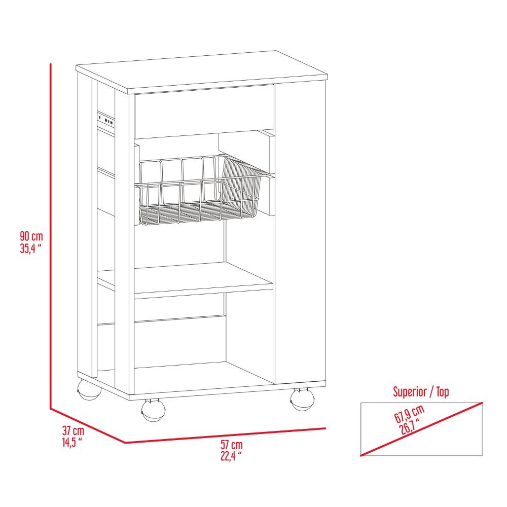 Blosson Kitchen Cart, One Drawer, Two Open Shelves, Four Casters -White / Lig