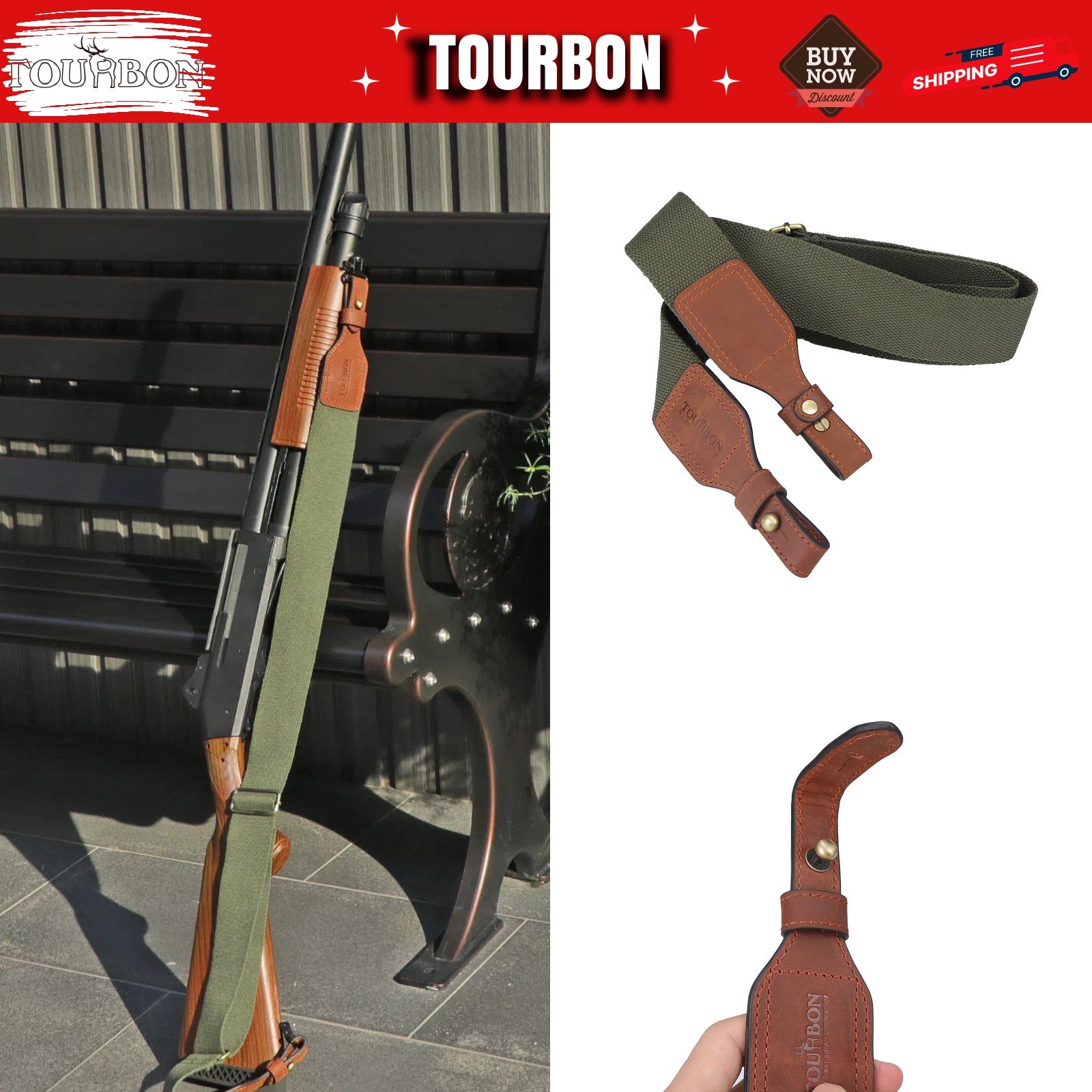 TOURBON Rifle Sling Shotgun Strap Non-slip Webbing Leather End Green 2 Points