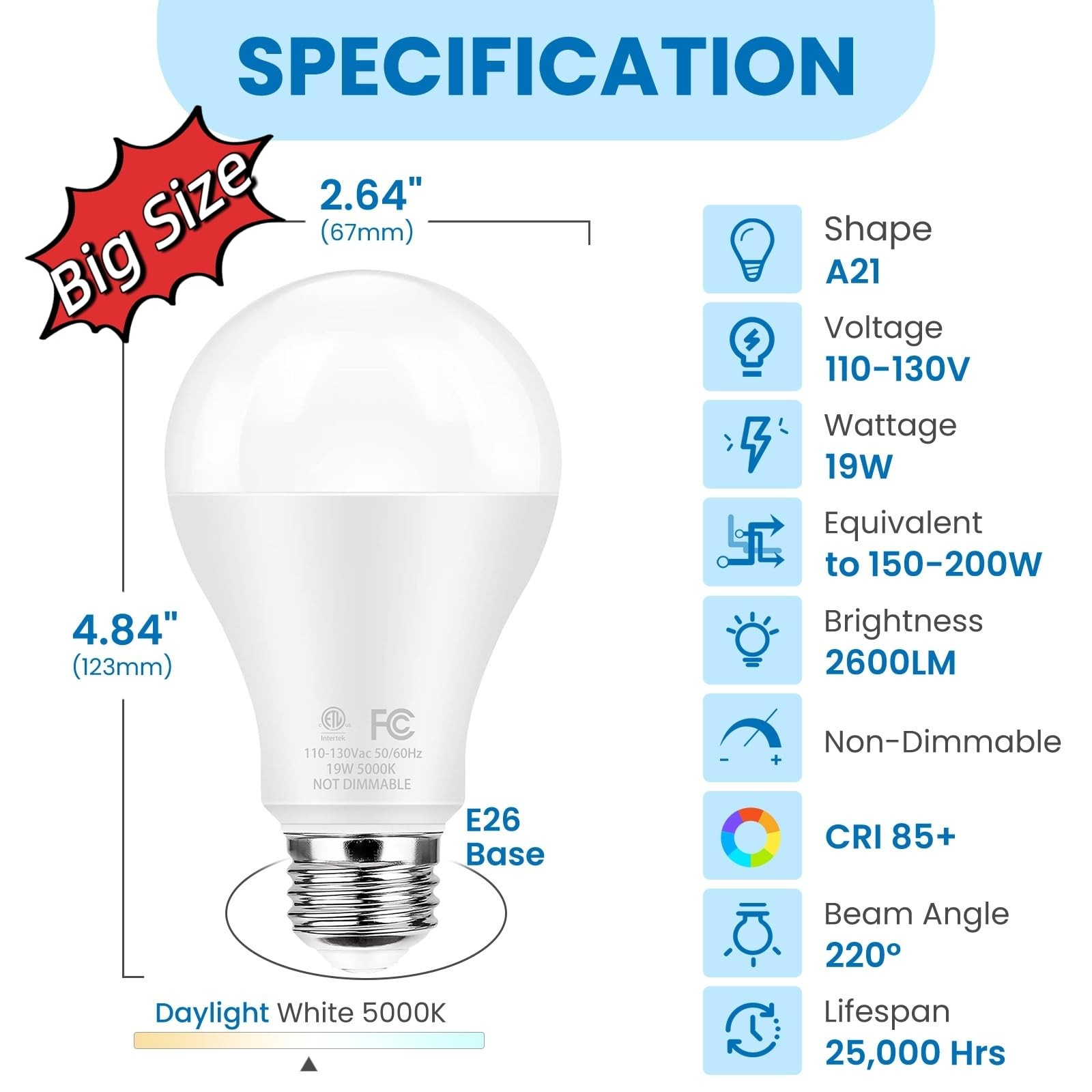 Super Bright LED Light Bulbs, 150 Watt Equivalent, 5000K Daylight White, 2600