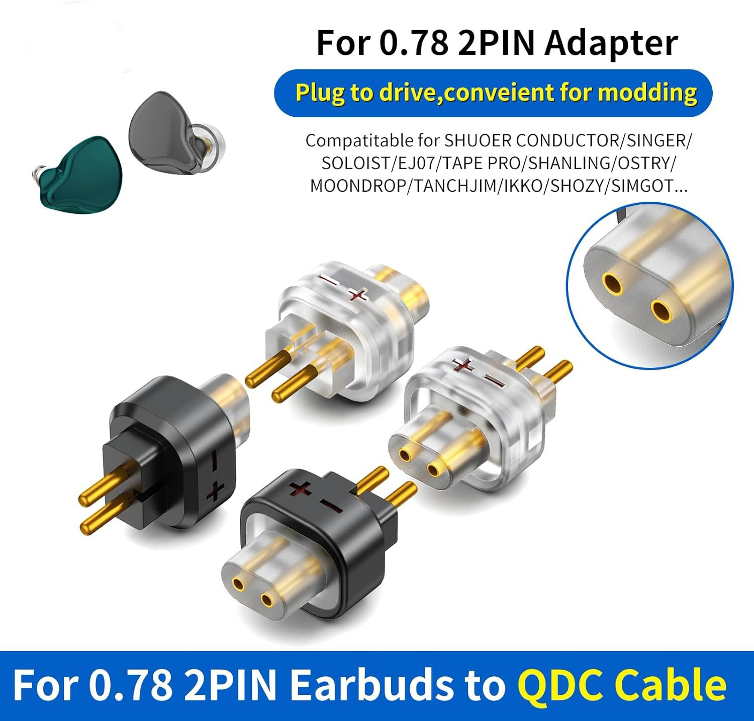 Audio QDC Female 0.78 2Pin Male Earphone Adapter to Earphones Earsets for SHUOER