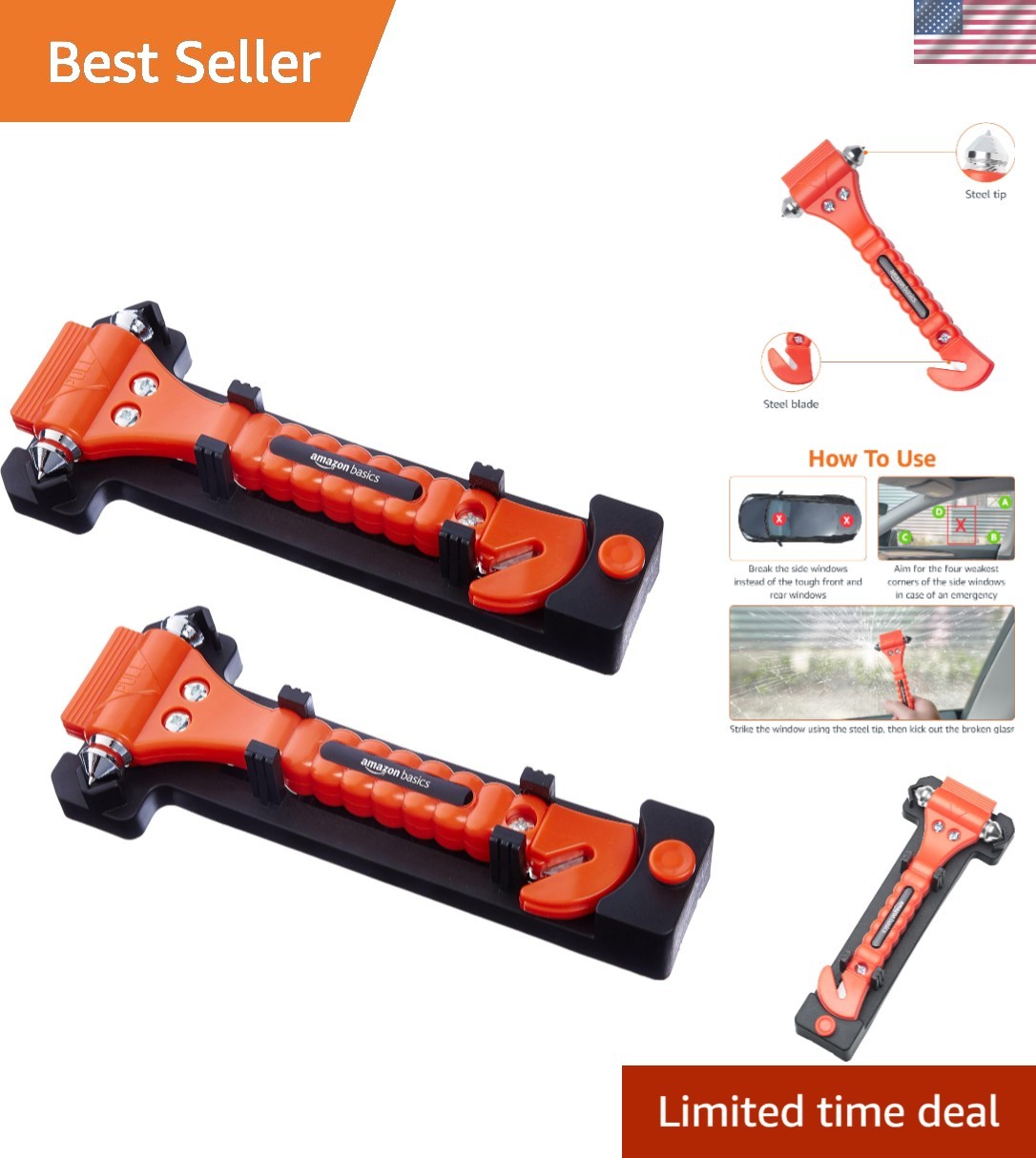 Emergency Seat Belt Cutter and Window Hammer Tool, 2 Pack