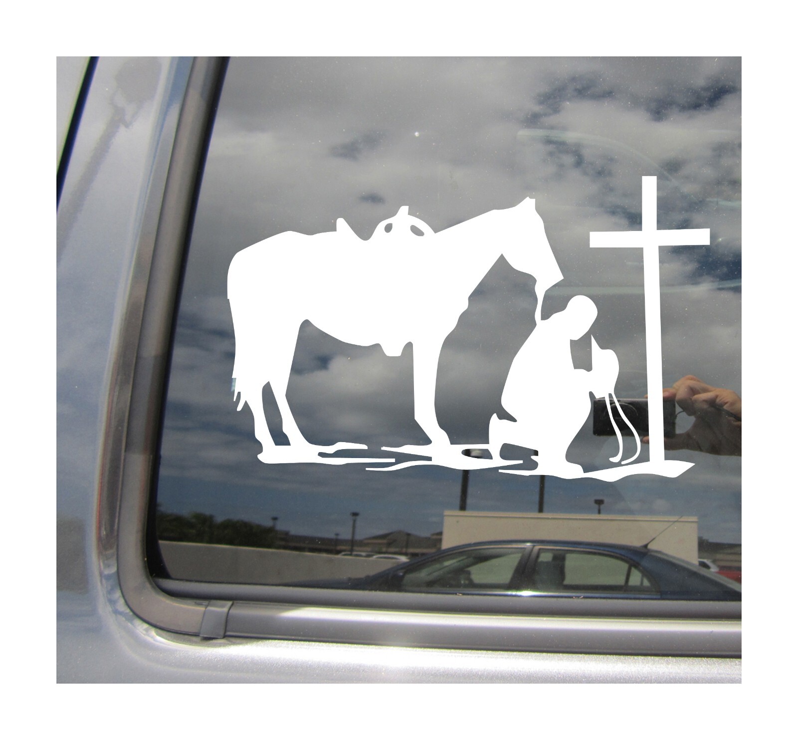 Cowboy Praying at Cross w/ Horse - Christ Christian Vinyl Decal Sticker 08354
