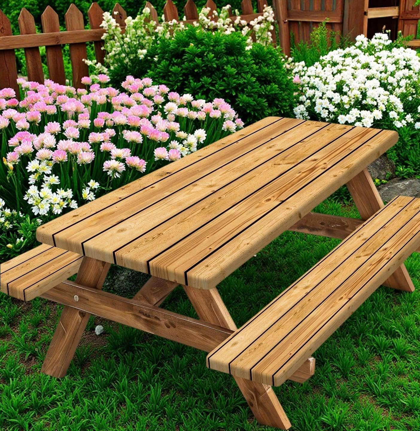 Rustic Brown Wooden Board Picnic Table Cover with Bench Covers Farmhouse Rural