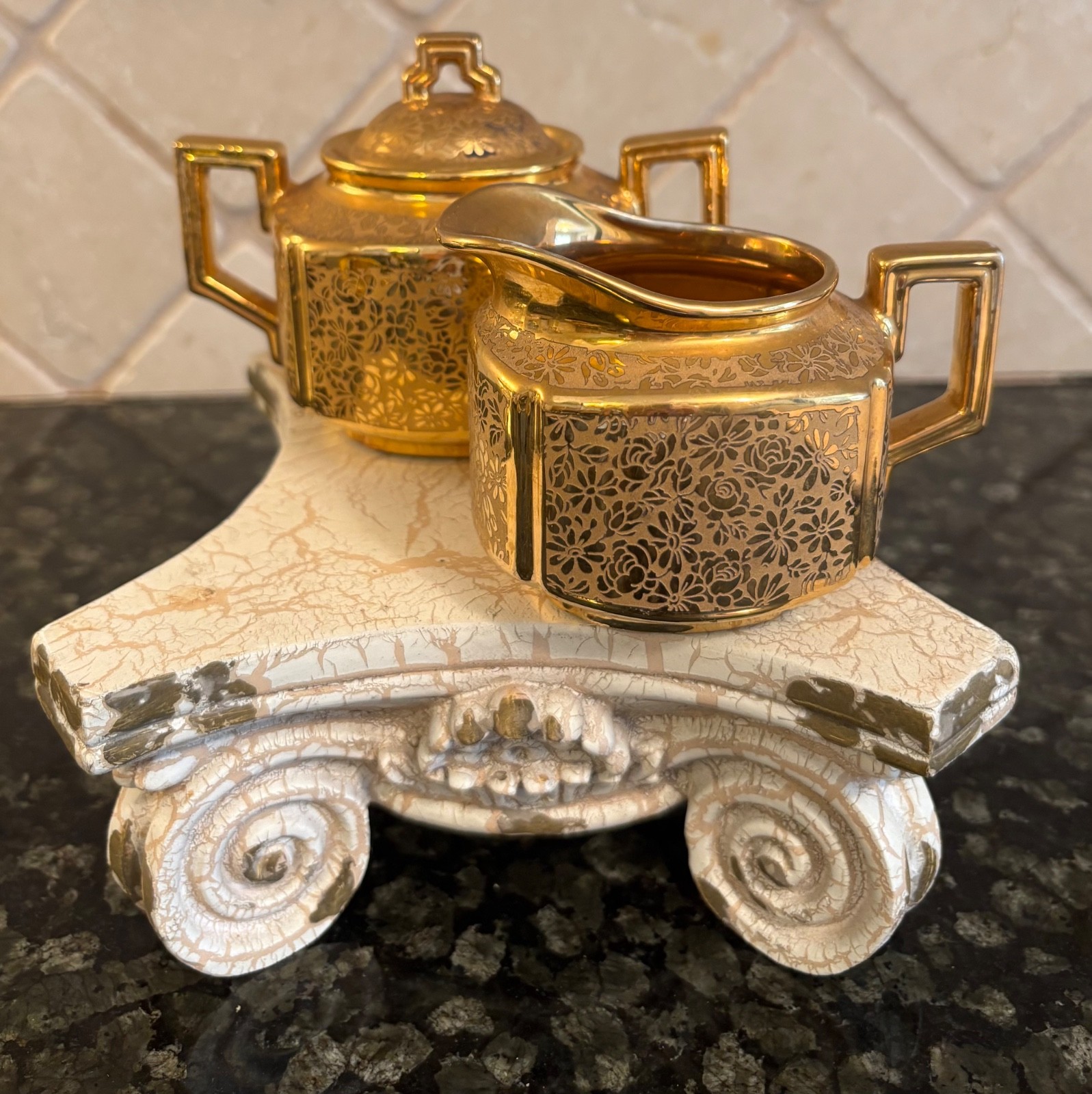 Vintage Mid Century Hollywood Regency Art Deco Porcelain  Sugar Creamer 22K Gold