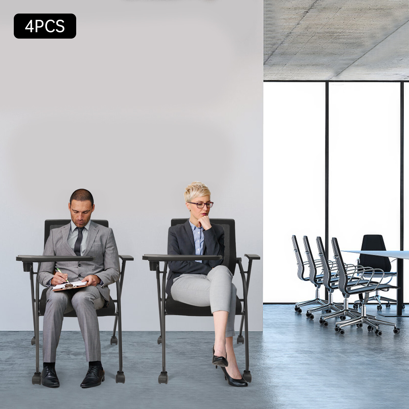 4 Pack Foldable Office Chairs with Tablet Arm, Black Mesh Collapsible Desk Chair