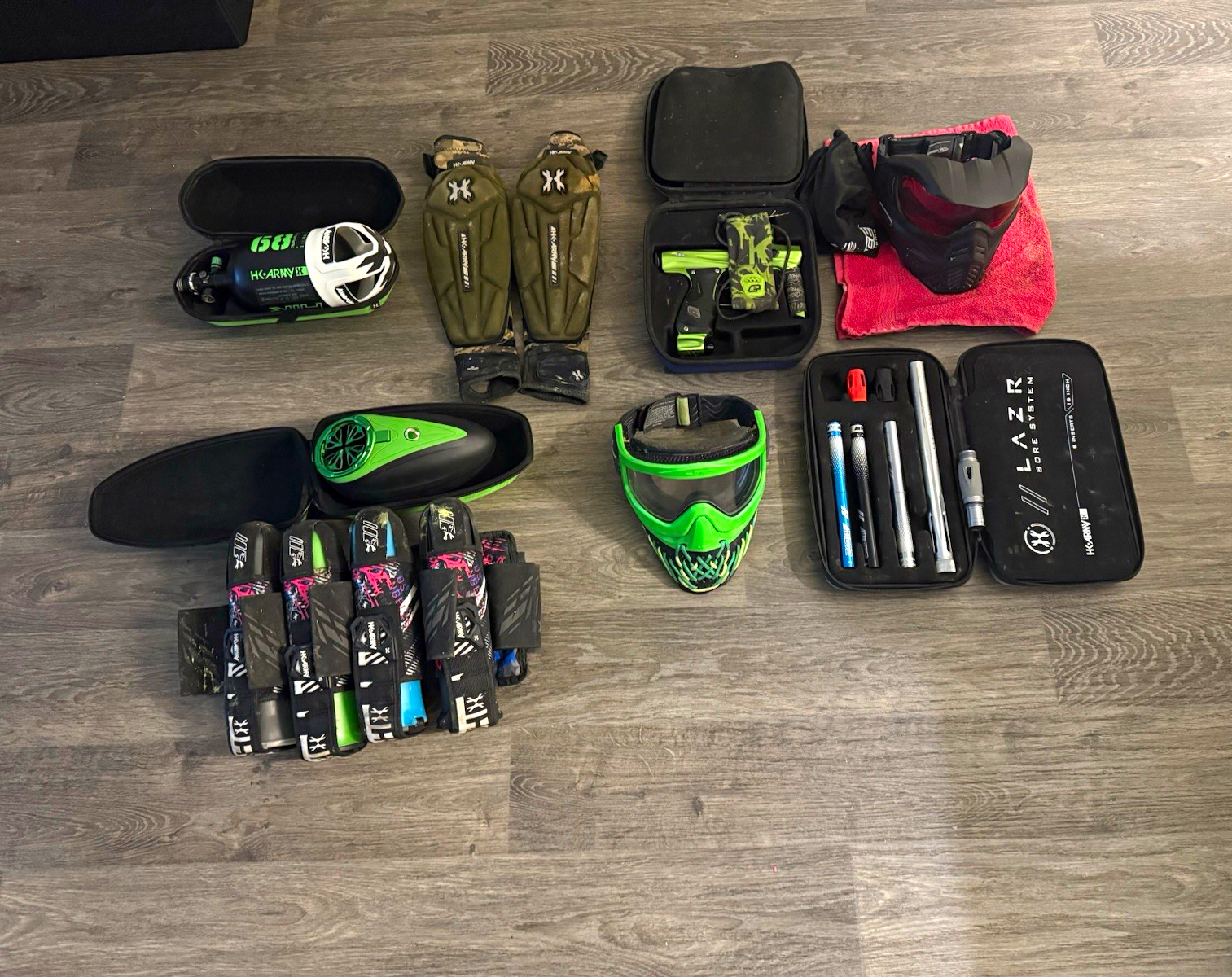 HK Army Paintball Equipment Lot w/ Lazarus Barrel Kit, Mask, Pod Pack, Pads