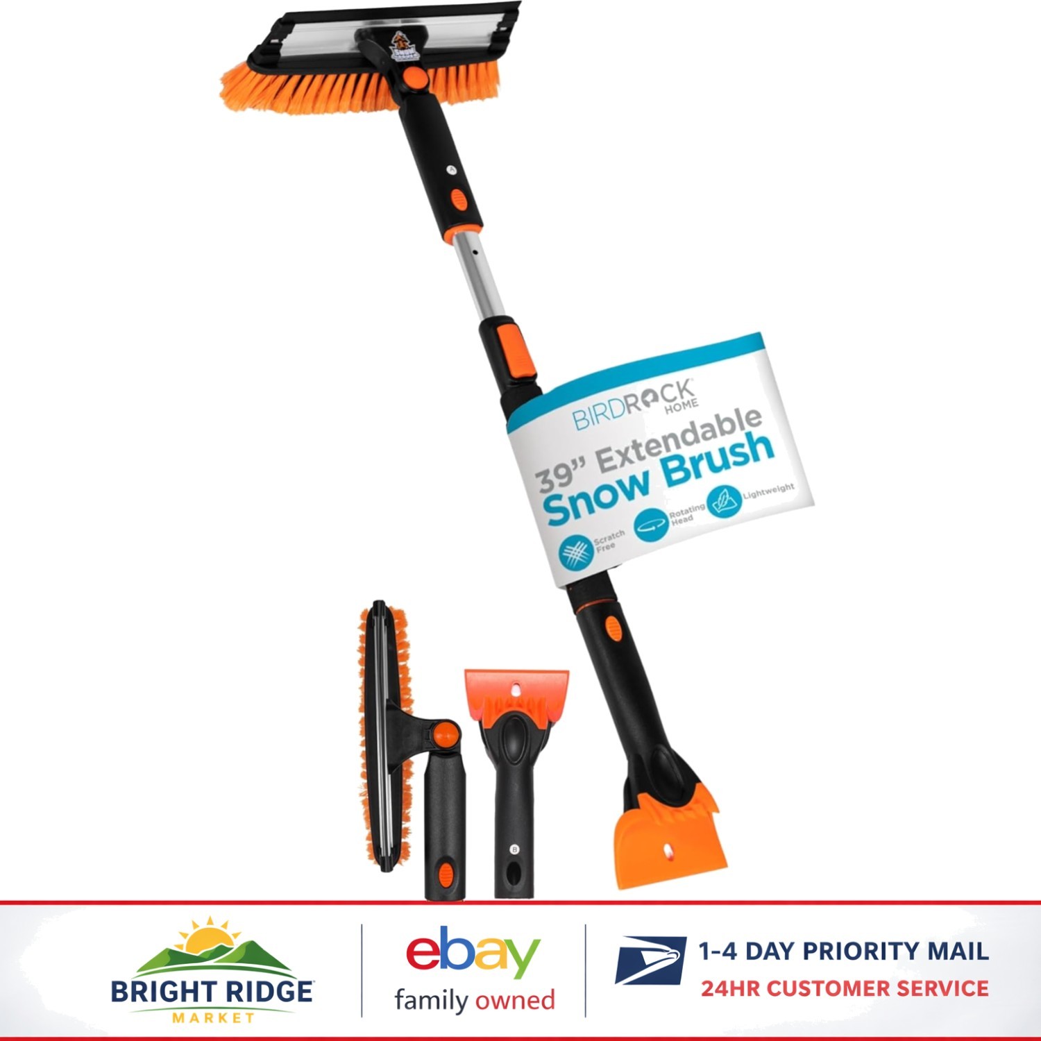 Extendable Snow Brush with Bristles and Squeegee for Vehicle Snow Removal