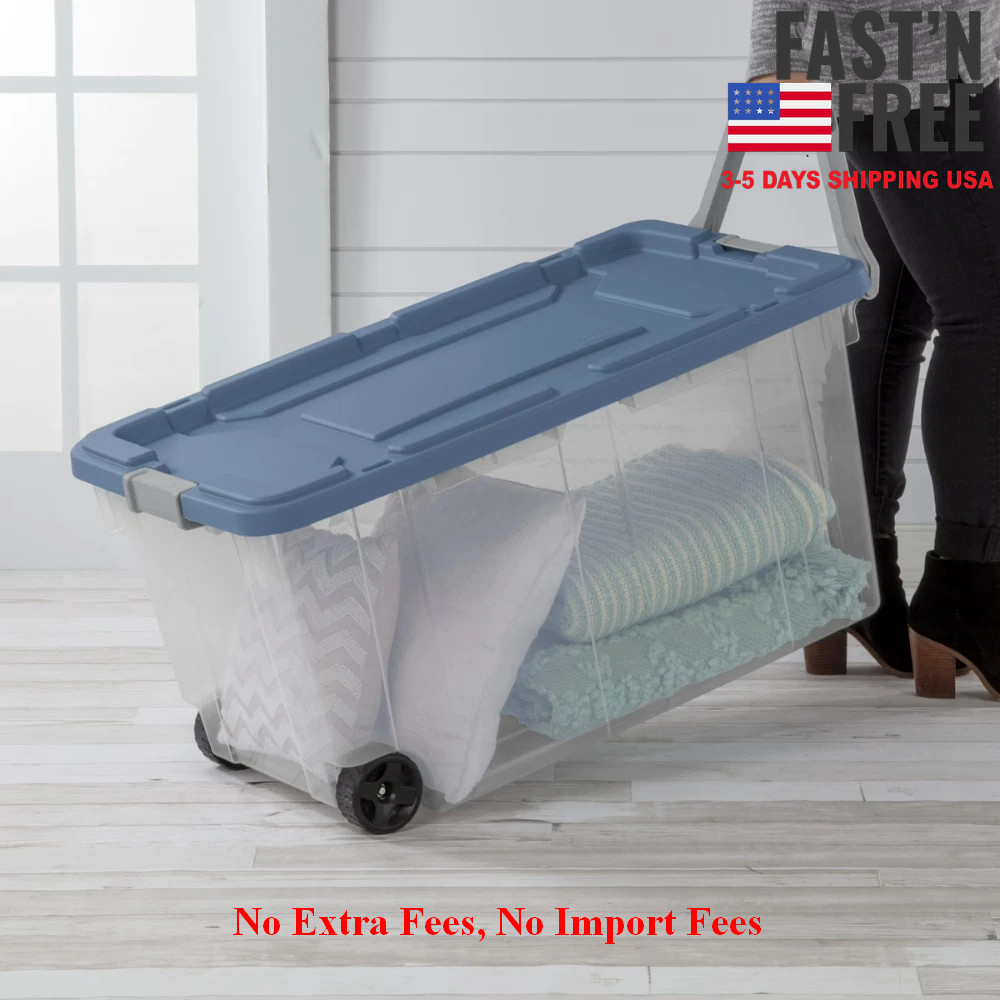 Sterilite 160 Quart Wheeled Storage Box, Plastic Bin, Blue Moonlight, Set of 2
