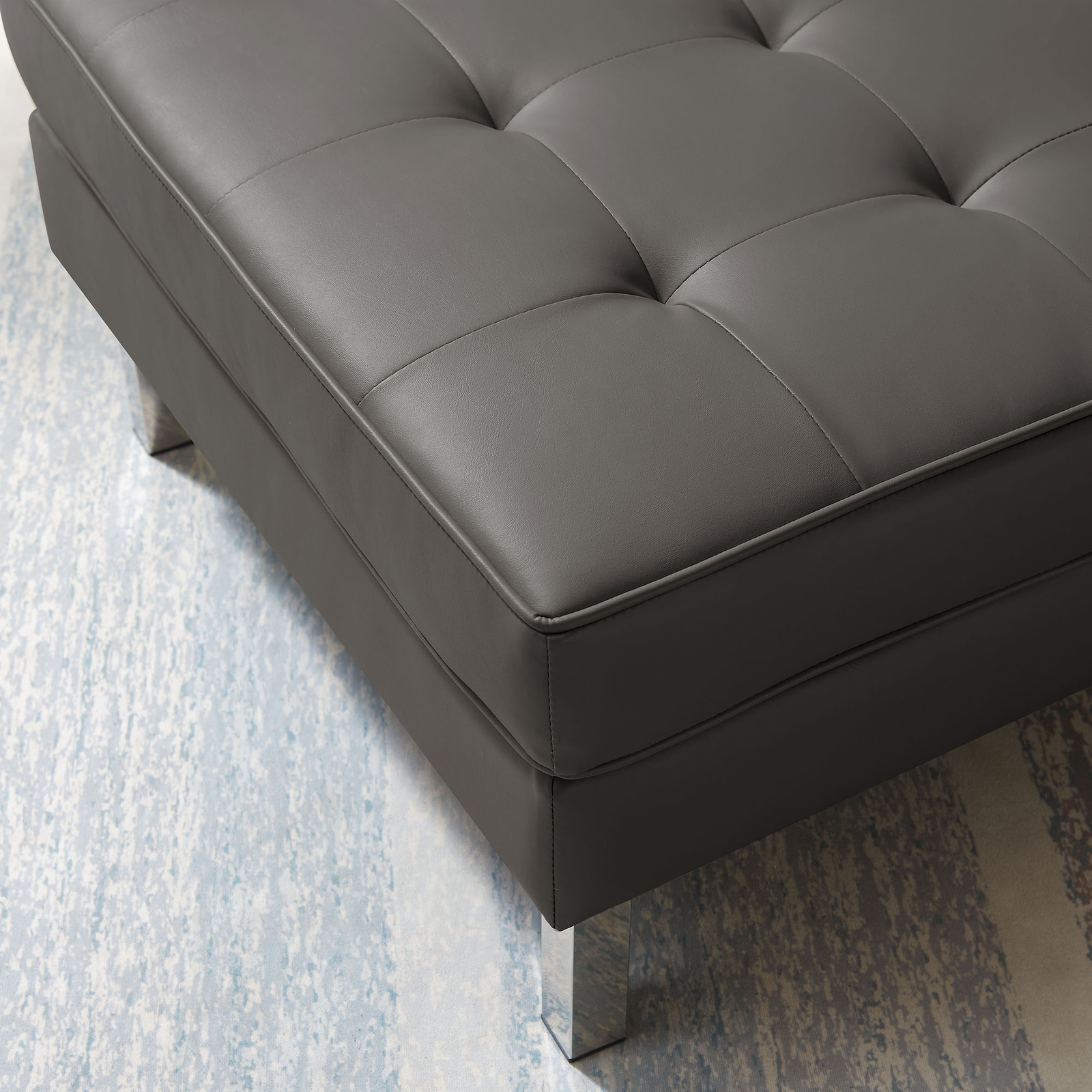 Modway Loft Tufted Vegan Leather Upholstered Living Room Ottoman in Silver Gray