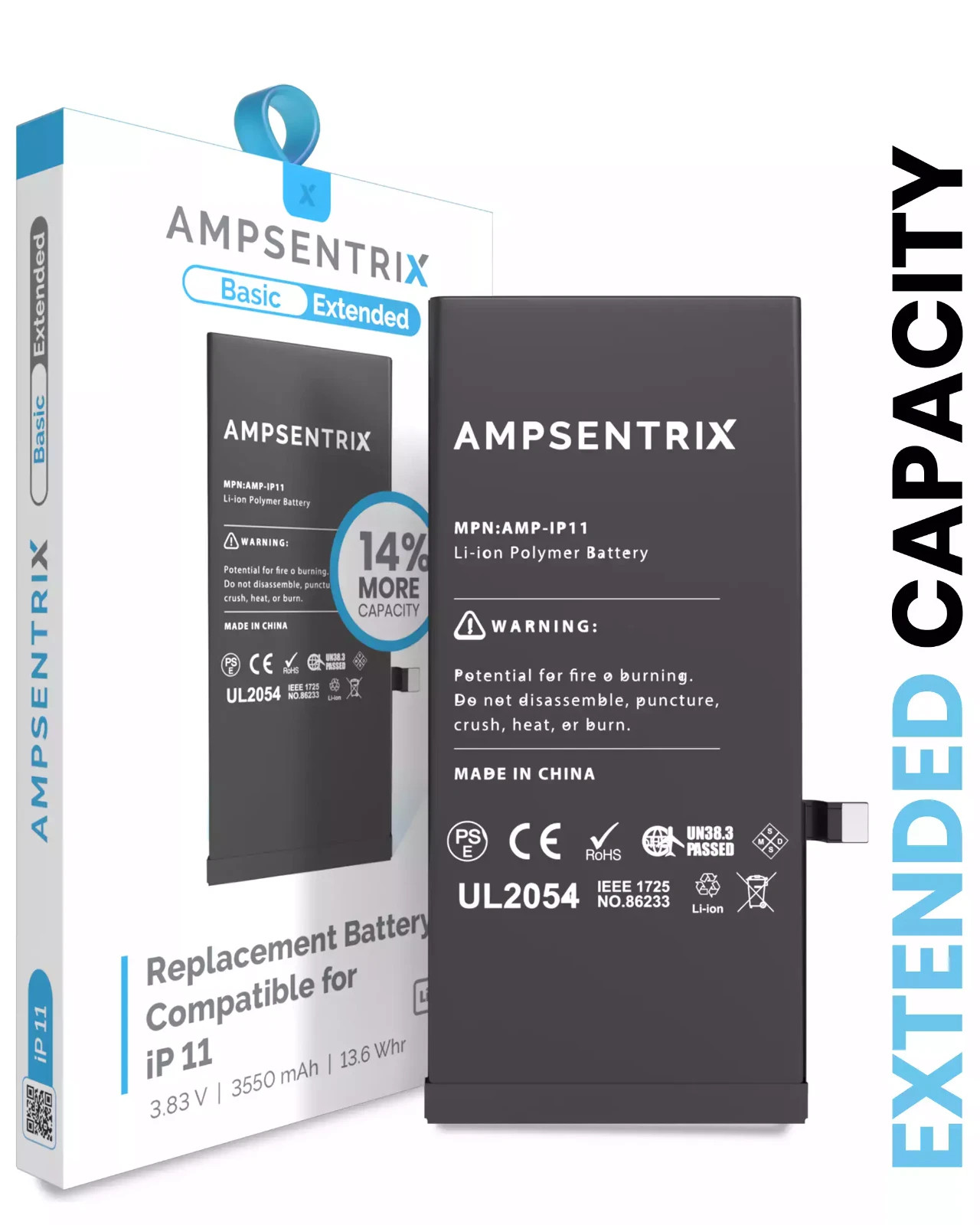Original AmpSentrix Extended Battery Replacement For i Phone 11 (3550mAh)