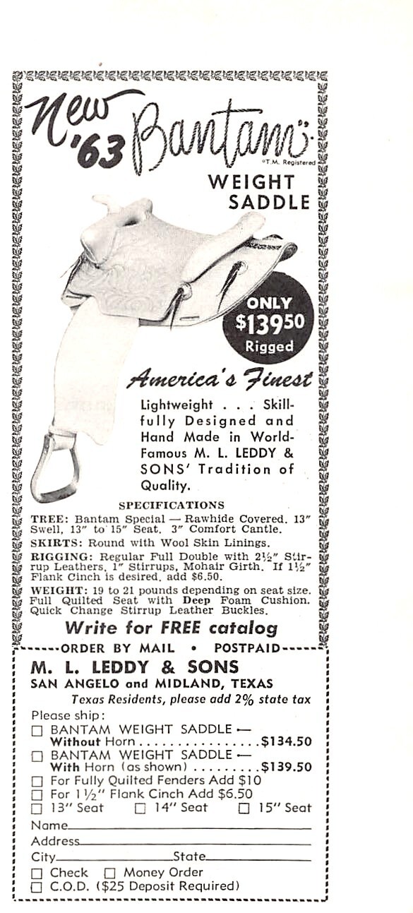 M L Leddy & Sons San Angelo Texas USA's Finest Bantam Weight Saddle Vtg Print Ad