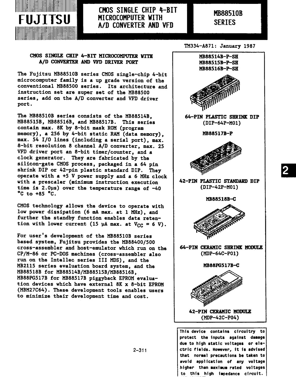 MB88P515B FUJITSU CMOS 4-Bit Microcomputer IC DIP-64