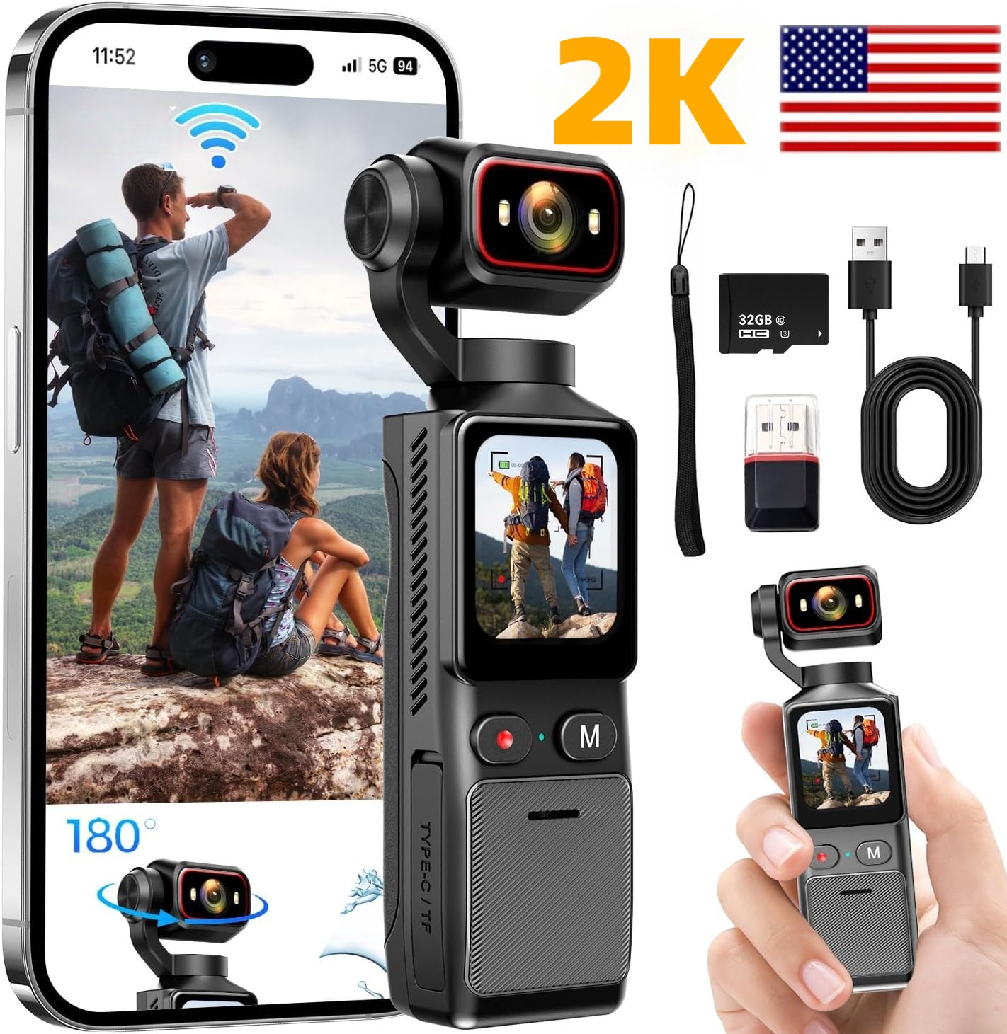 2K Handheld Vlogging Camera Portable Wifi Pocket Action Camera Video Camcorder