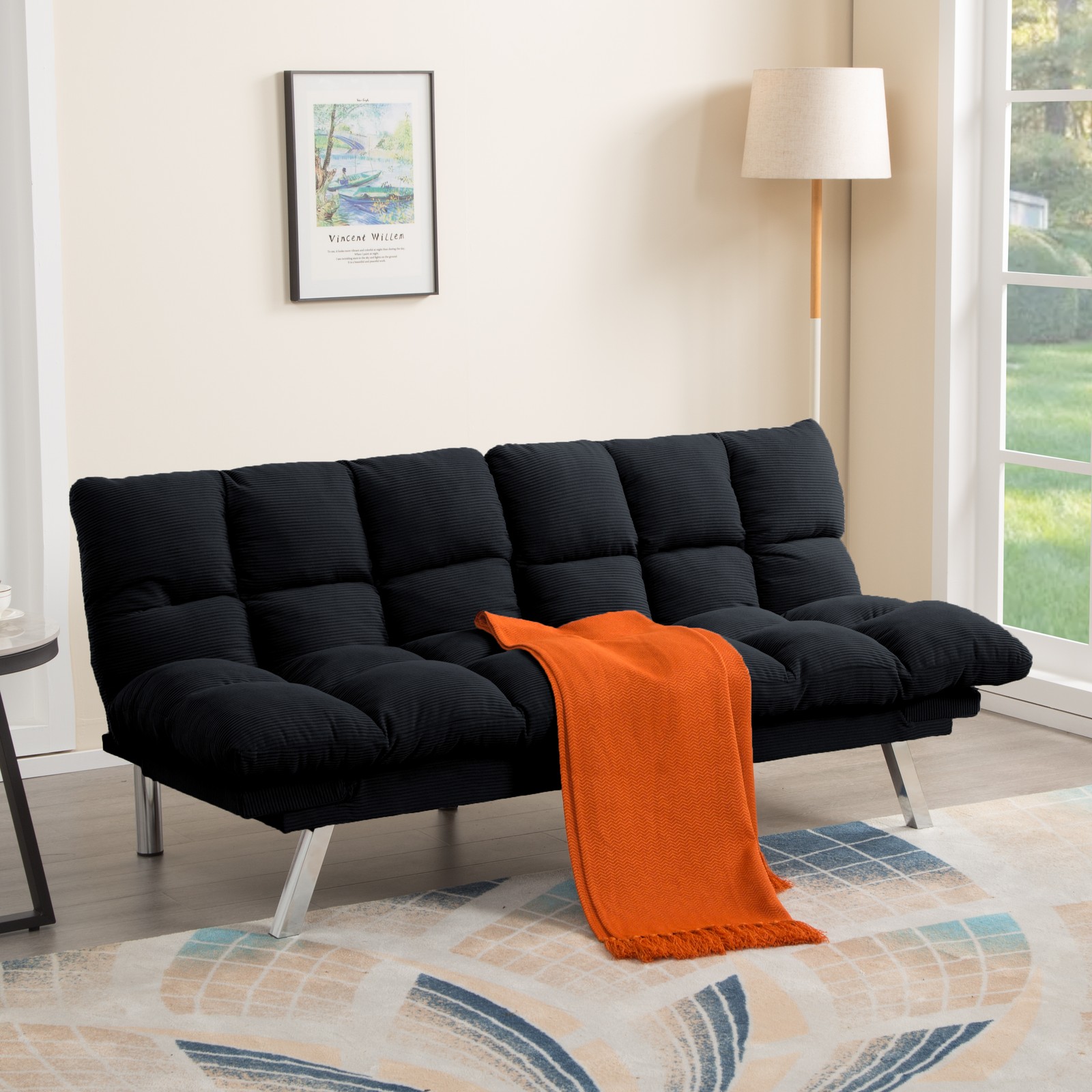 67.3" Corduroy Futon Sofa Bed Twin Sleeper Adjustable Split Back Armrests Black