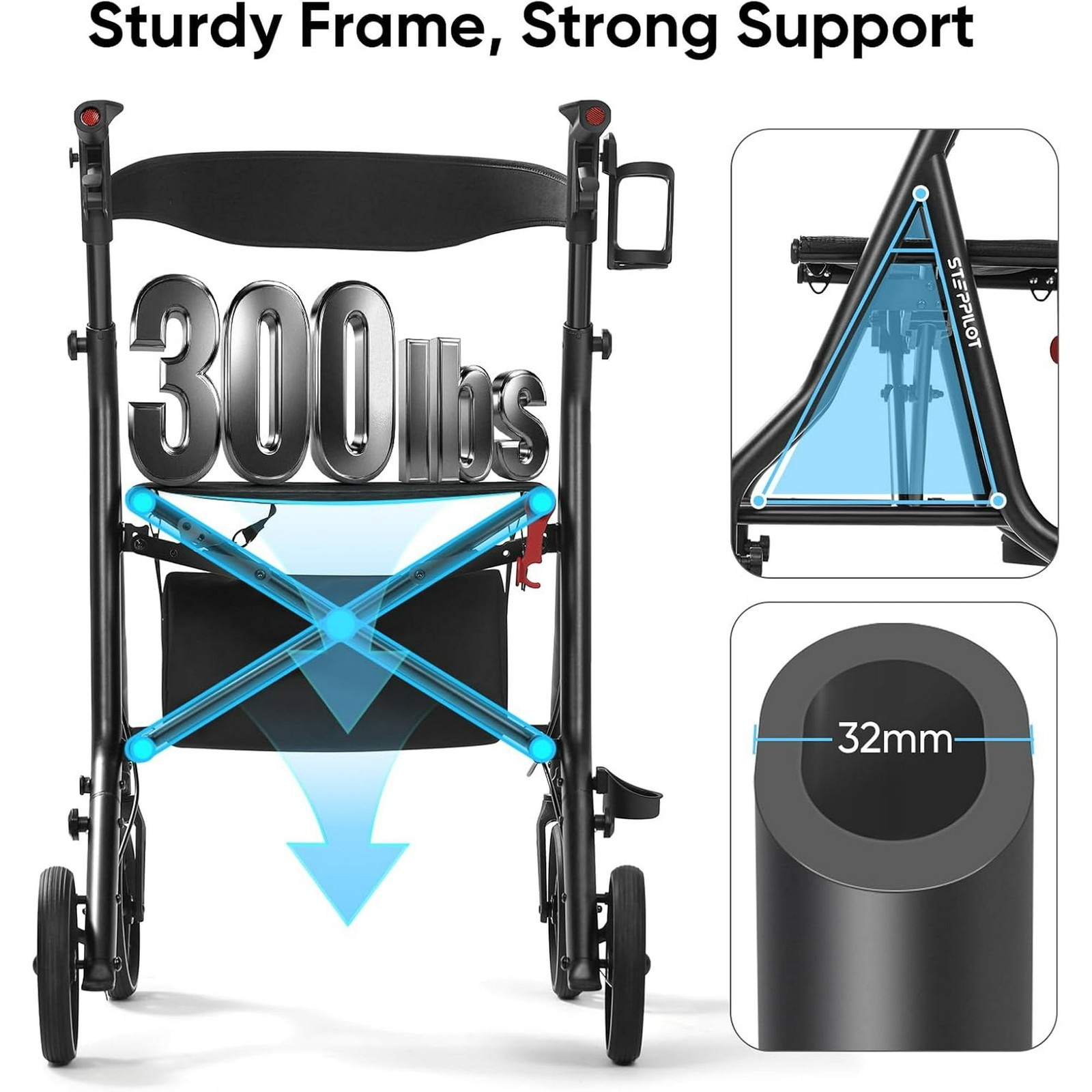 Foldable Rollator Walker with Seat for Seniors Adults Rolling Walker Max 300 Lb