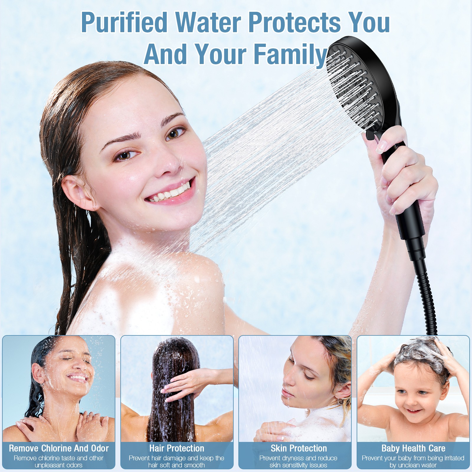 High Pressure Filtered Shower Head with Handheld Adjustable Bracket Matte Black
