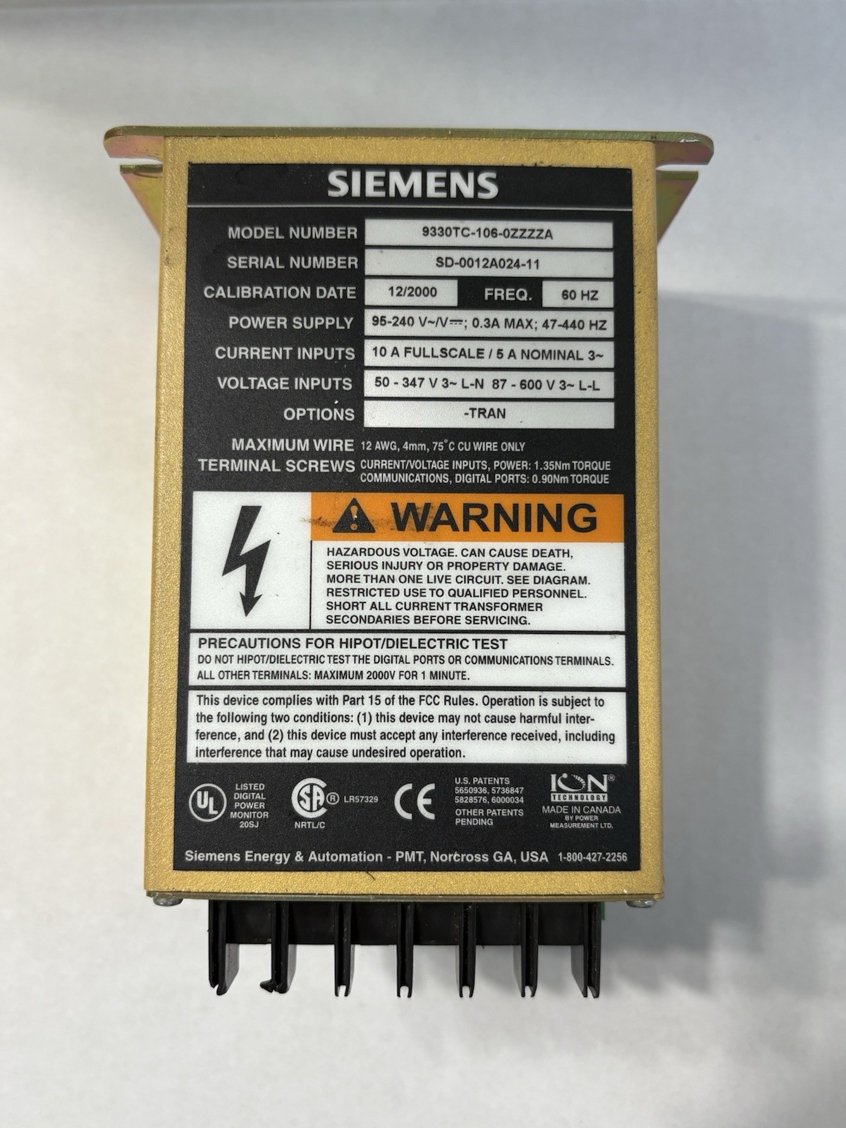 Siemens 9330TC-106-0ZZZZA Power Meter Energy Monitor 95-240V PMT 9330 Series